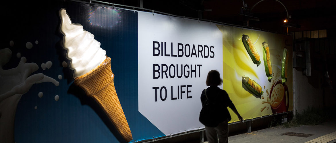 Billboard with backlit 3D objects
