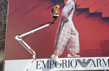 Installing Armani billboard with 3D printed shoe