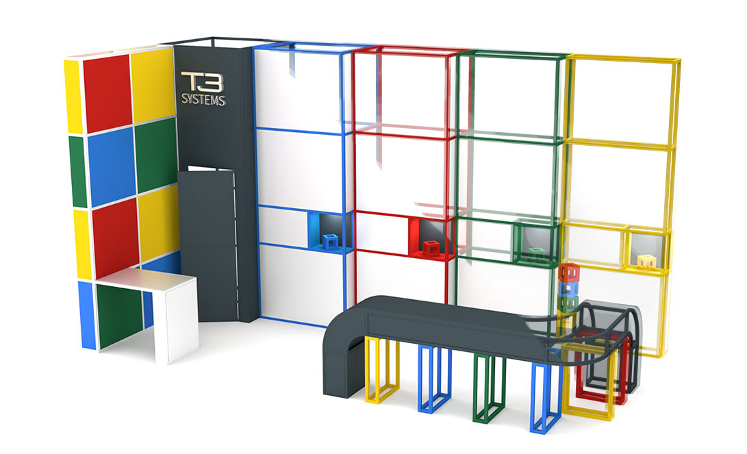 T3 Deco rendering of a trade show booth, exhibit using T3 Deco multicolor framing system