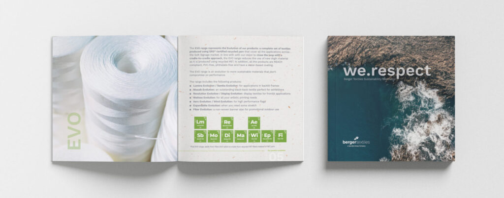 Berger Textiles sustainability brochure with Evo products